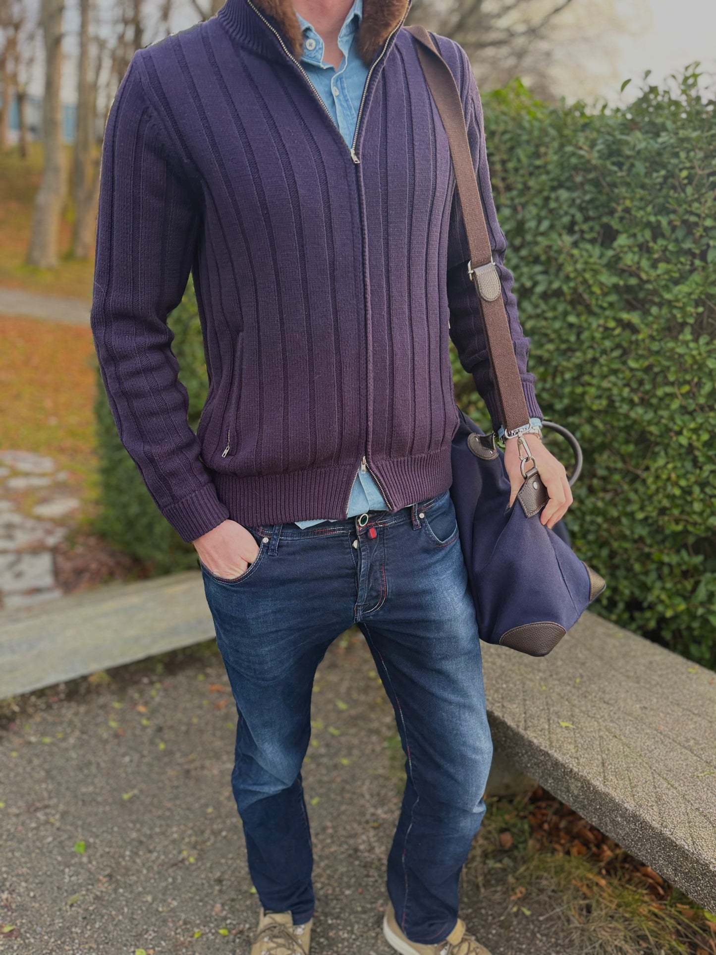Navy blå merino ull cardigan